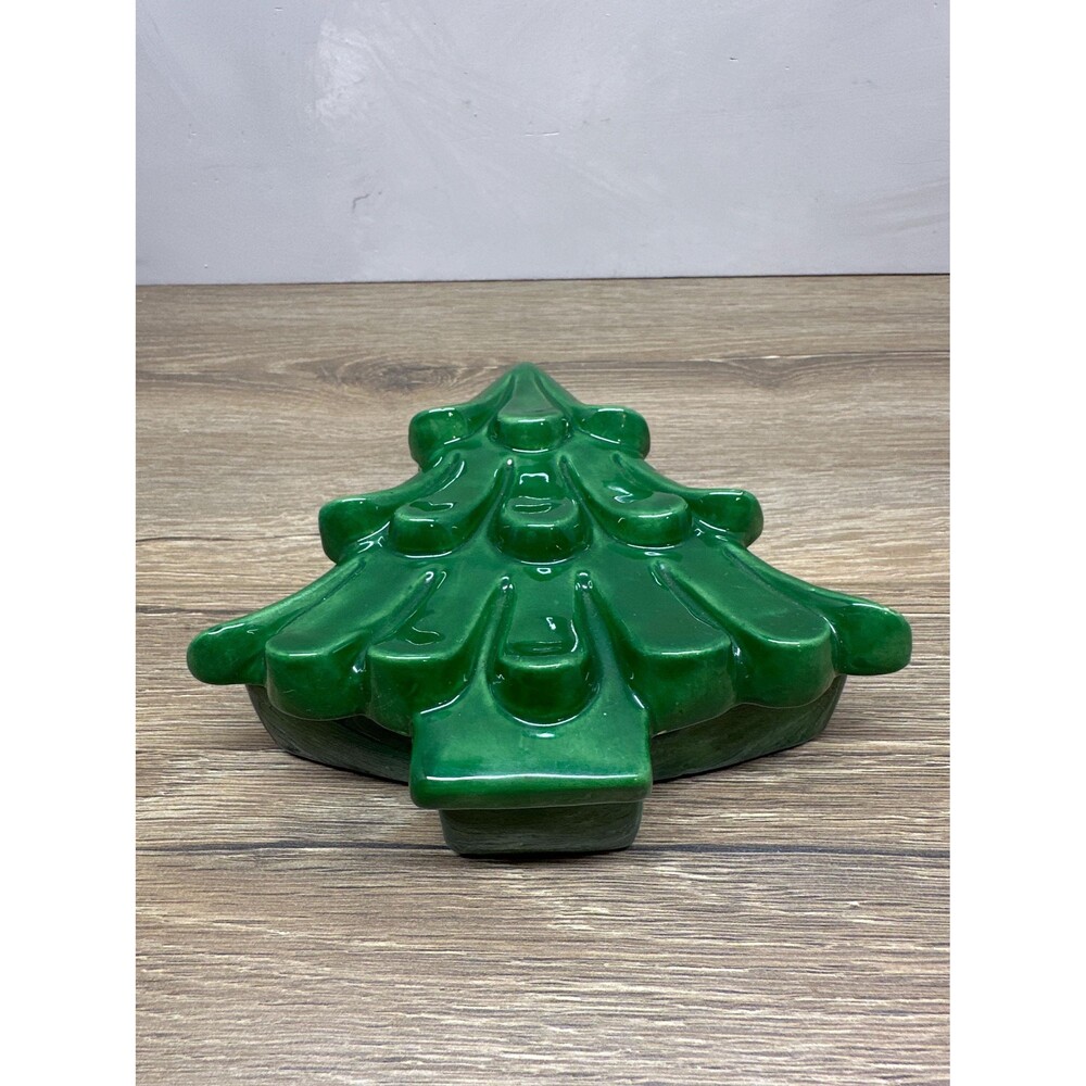 Vintage 1970s Hand Painted Ceramic Christmas Tree Lidded Trinket Dish Box Green
